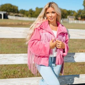 BUDDY LOVE SKYLAR FRINGE FAUX FUR JACKET - HOT PINK - Womens Size XL